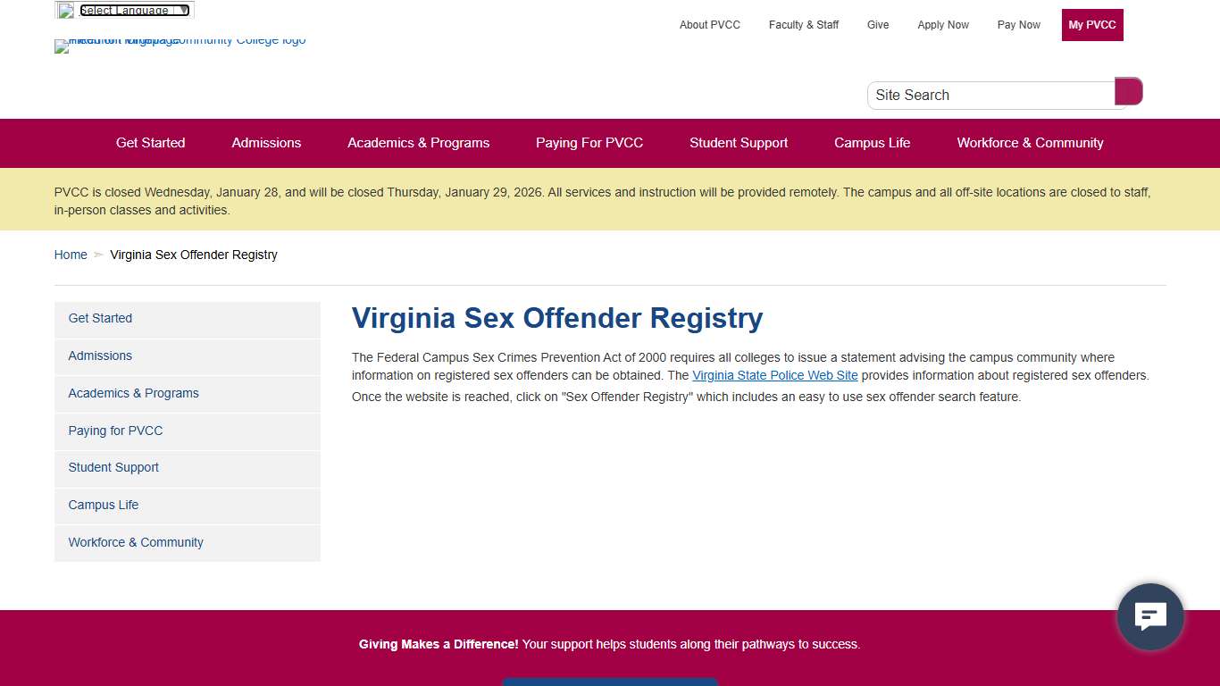Virginia Sex Offender Registry Piedmont Virginia Community College